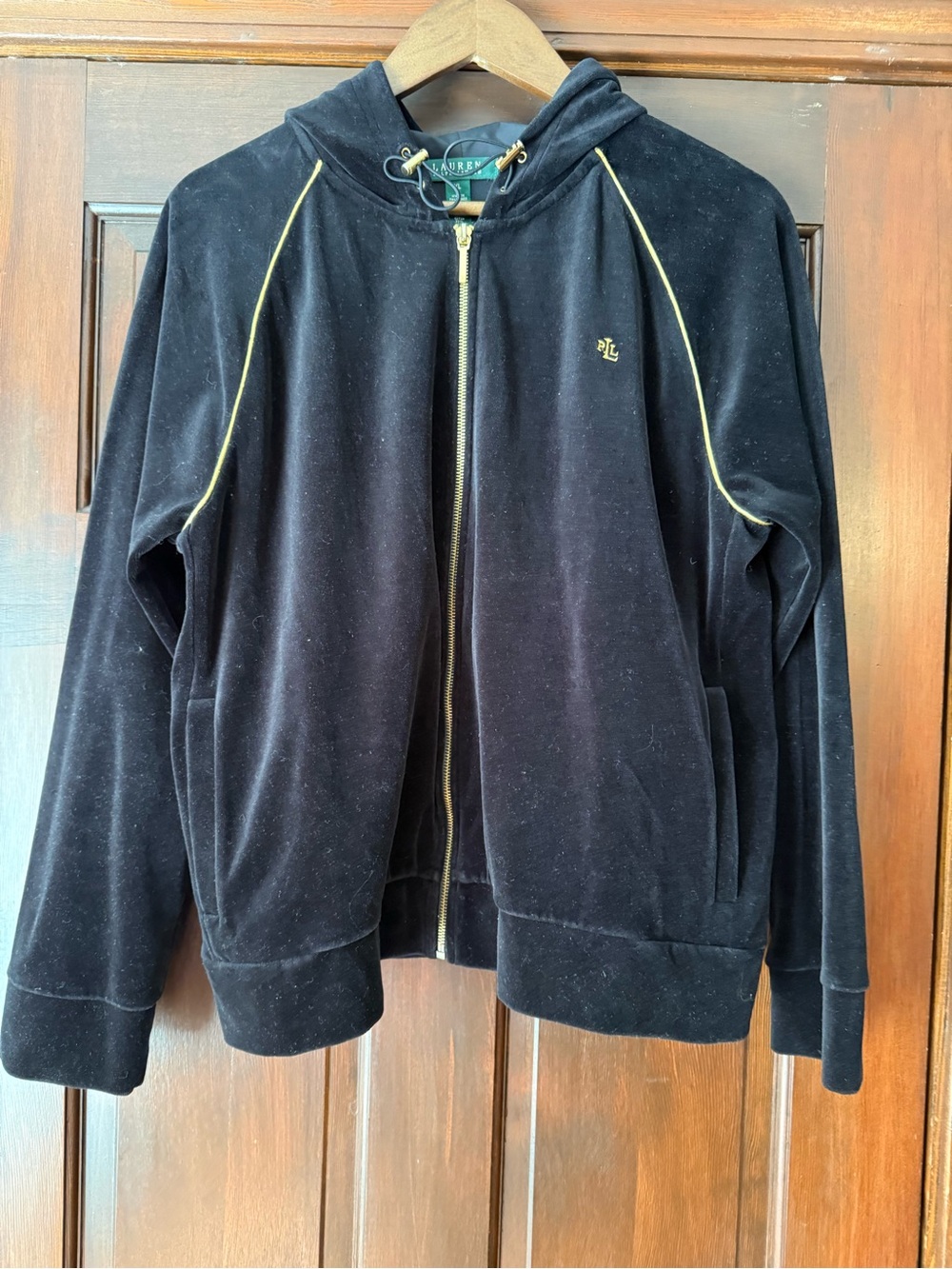 Ralph Lauren Black Velour Zip Hoodie with Gold Accents